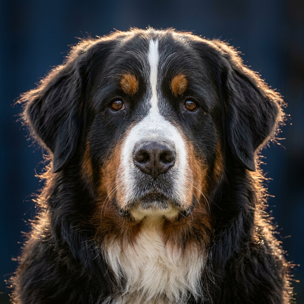 Nahaufnahme eines älteren Berner Sennenhundes mit ergrauter Schnauze und ruhigem Blick.