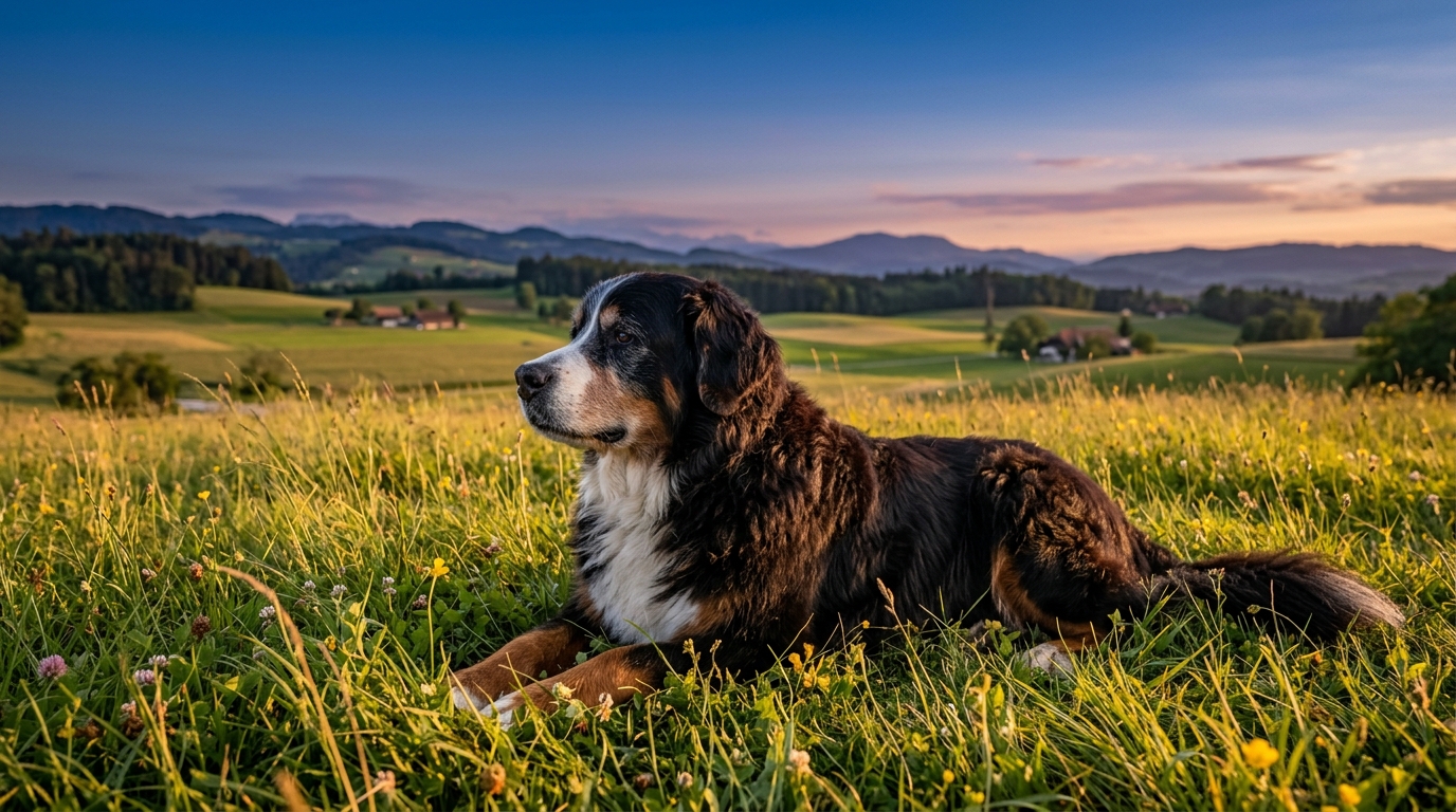 Ein alter Berner Sennenhund mit grauer Schnauze liegt ruhig in einer Abendwiese, dahinter eine weite Hügellandschaft im Dämmerlicht.